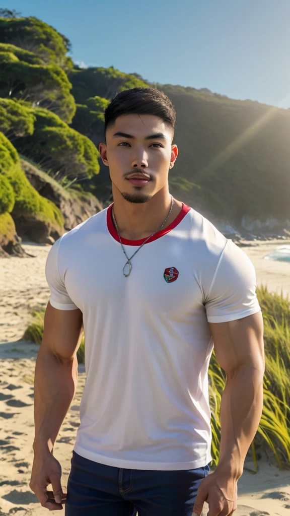 Tony Labrusca, A handsome, muscular young Asian man looks at the camera. In a simple t-shirt white and red , Fieldside, grass, beach, sunlight, Carrying a camera