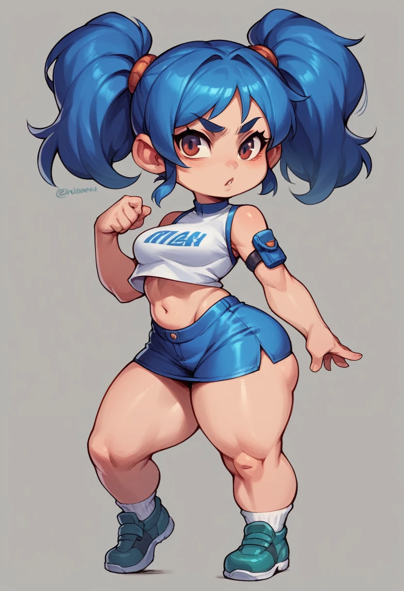 Human female  , short stack,big butt ,wearing short dress , short Breasts , BLUE hair ,sci-fi Style , twintails hair , anime Style , 