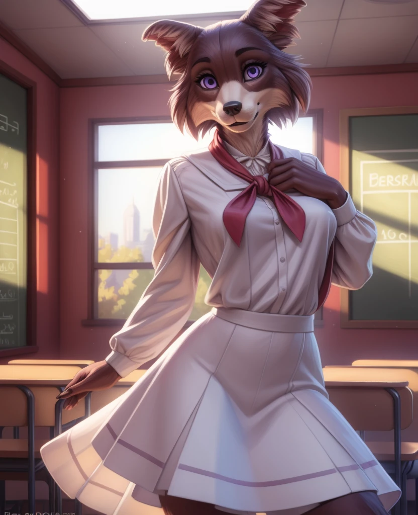 (by pixelsketcher:0.6), (by personalami :0.6), solo, female, Juno, canine, detailed background, (cinematic lighting:1.1), (perfect focus:1.1), 8k hd, photo,,, furry anthro juno, medium breasts, junouniform, white clothing, long skirt, long sleeves, neckerchief, solo, full body, tail, countershading, (best quality, masterpiece:1), standing, sexy pose, purple eyes, looking at viewer, (school classroom background:1.1), octane render