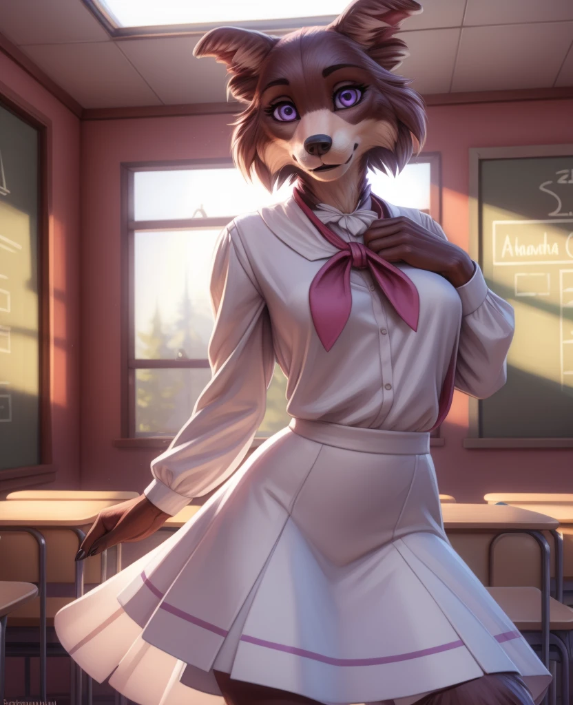 (by pixelsketcher:0.6), (by personalami :0.6), solo, female, Juno, canine, detailed background, (cinematic lighting:1.1), (perfect focus:1.1), 8k hd, photo,,, furry anthro juno, medium breasts, junouniform, white clothing, long skirt, long sleeves, neckerchief, solo, full body, tail, countershading, (best quality, masterpiece:1), standing, sexy pose, purple eyes, looking at viewer, (school classroom background:1.1), octane render