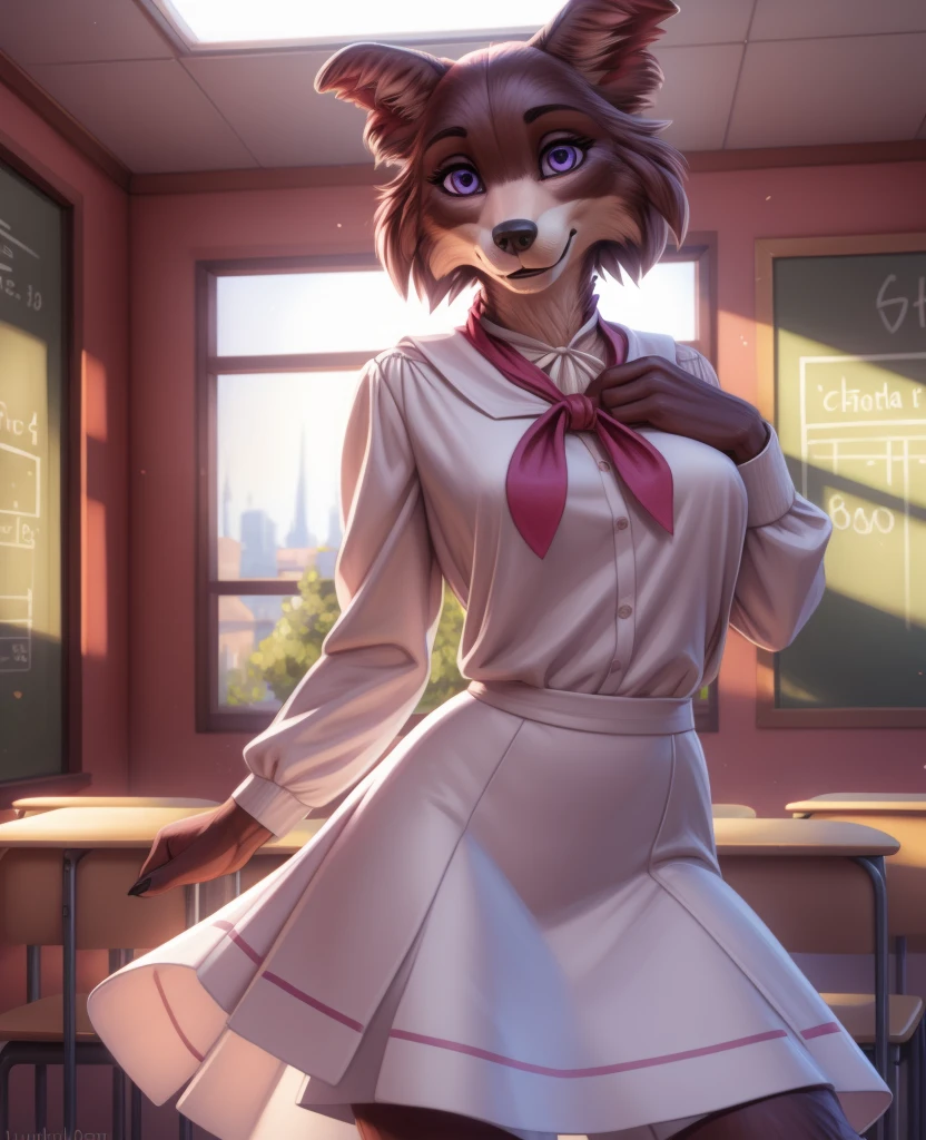 (by pixelsketcher:0.6), (by personalami :0.6), solo, female, Juno, canine, detailed background, (cinematic lighting:1.1), (perfect focus:1.1), 8k hd, photo,,, furry anthro juno, medium breasts, junouniform, white clothing, long skirt, long sleeves, neckerchief, solo, full body, tail, countershading, (best quality, masterpiece:1), standing, sexy pose, purple eyes, looking at viewer, (school classroom background:1.1), octane render