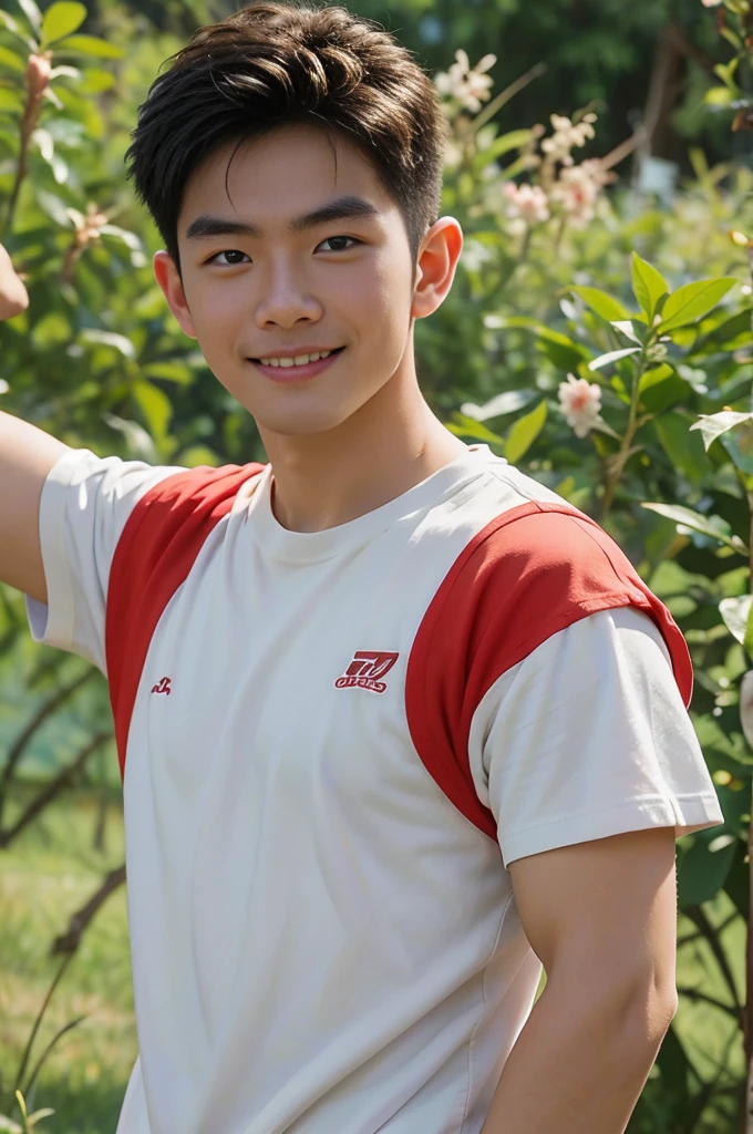 A handsome, muscular young Asian man looks at the camera. In a simple t-shirt white and red , Fieldside, grass, beach, sunlight, Carrying a camera, smiling