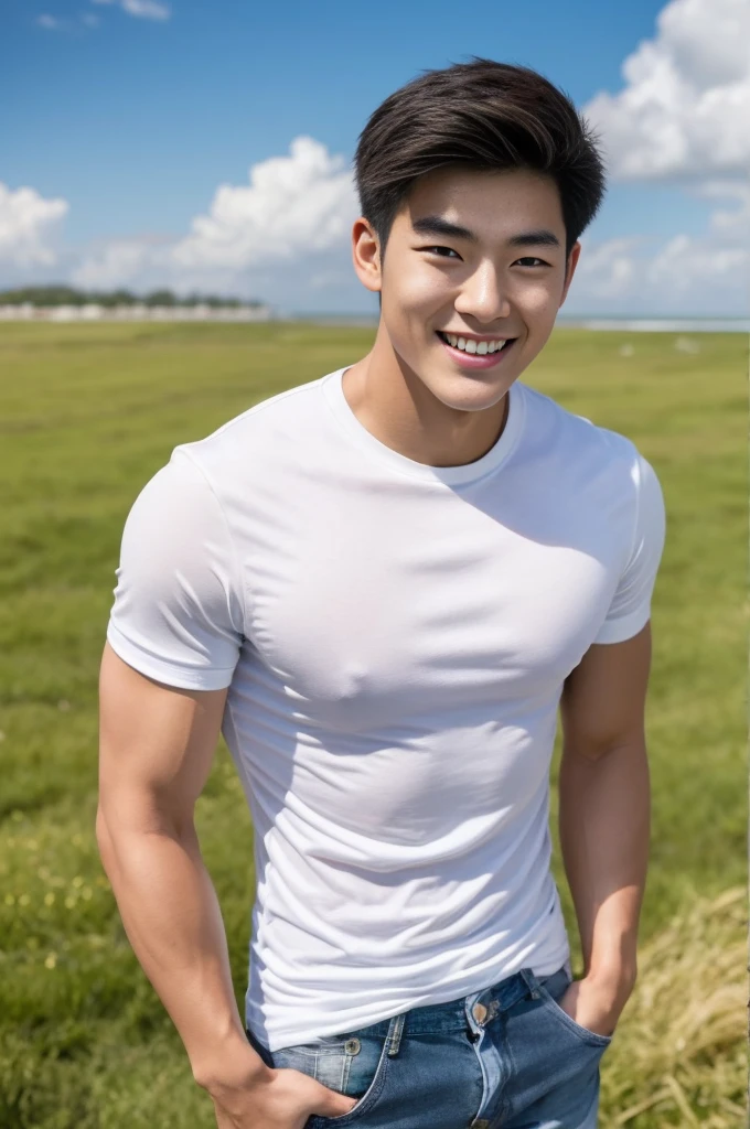 Young Korean man in a white t-shirt and jeans, A handsome, muscular young Asian man looks at the camera. In a simple t-shirt white and red , Fieldside, grass, beach, sunlight, Carrying a camera, smiling