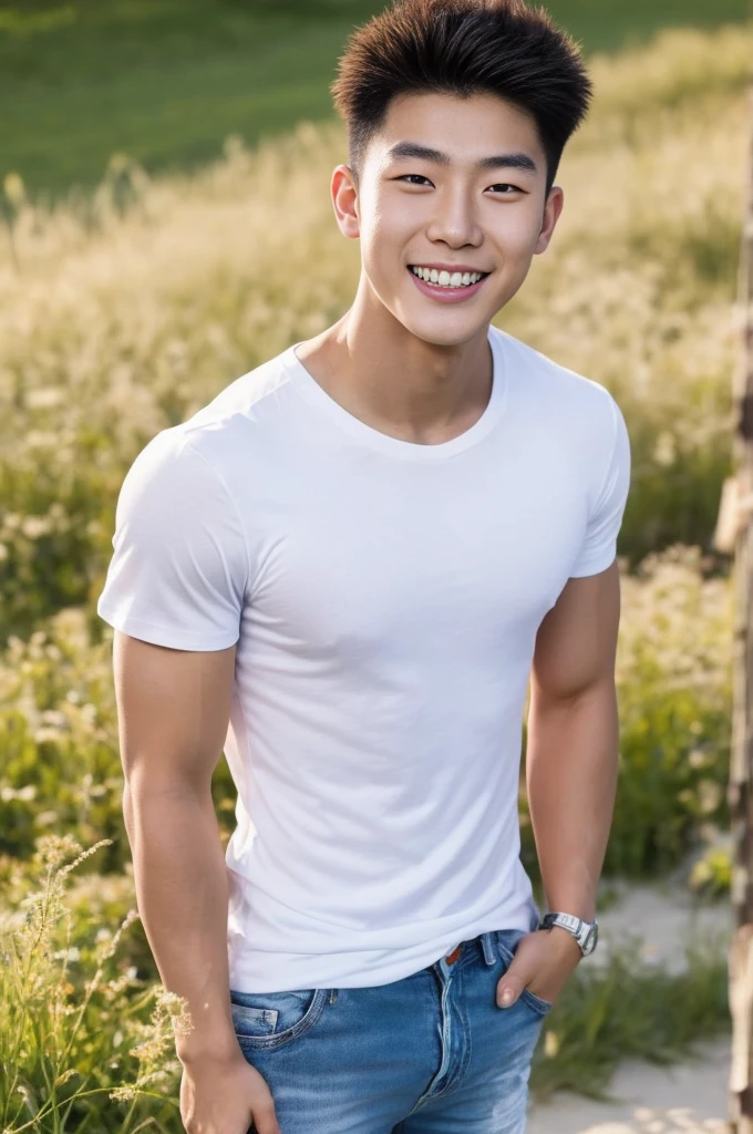 Young Korean man in a white t-shirt and jeans, A handsome, muscular young Asian man looks at the camera. In a simple t-shirt white and red , Fieldside, grass, beach, sunlight, Carrying a camera, smiling