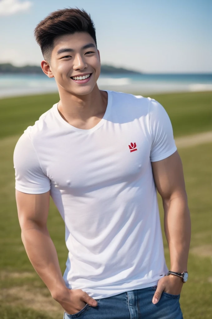 Young Korean man in a white t-shirt and jeans, A handsome, muscular young Asian man looks at the camera. In a simple t-shirt white and red , Fieldside, grass, beach, sunlight, Carrying a camera, smiling