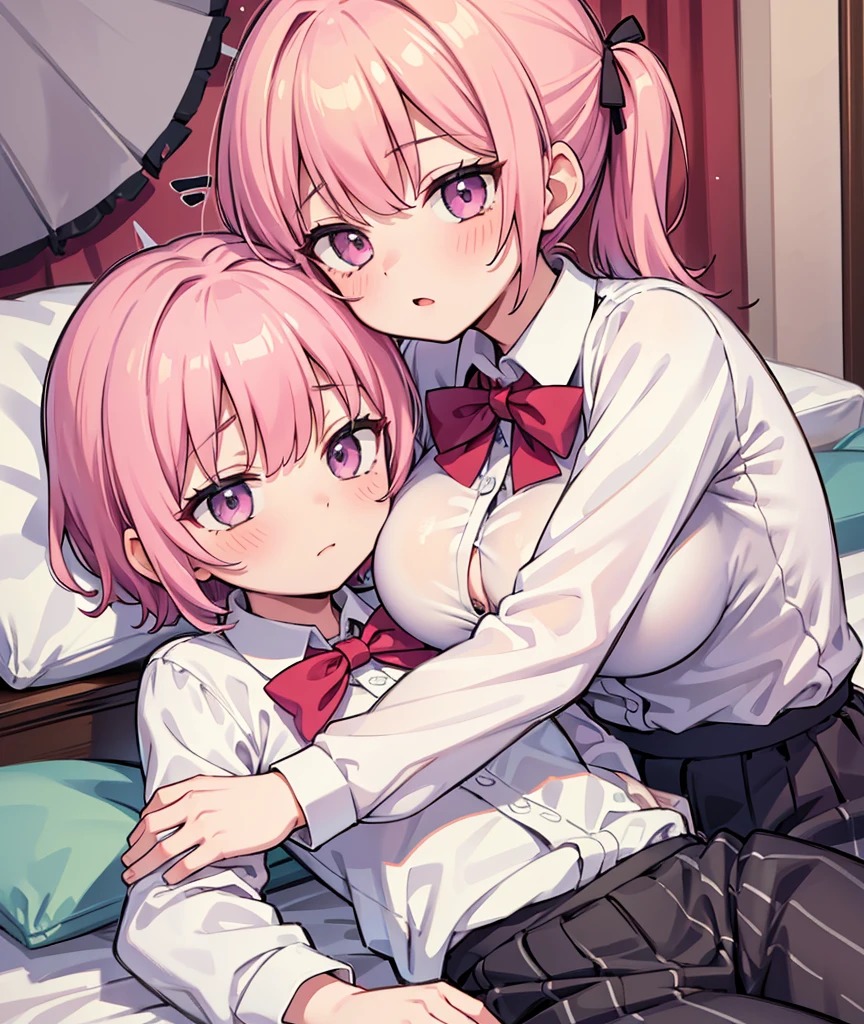 masterpiece, Highest quality, so beautiful, absurdists,High resolution,One girl, One boy,Cuddling in bed, like,sexly,Look at each one, blush,Age difference,bow tie,blondes,chest,Long Hair,Pink Hair,Tucked in shirt,short hair,skirt,Tent shirt,Slut,Big breasted sister and brother,Siblings, trousers,Pushing her big tits against her brother,(My brother's small erect penis),((((姉のHUGE breasts,Sister crushes her big tits in her brother's face)))),((Very large breasts))