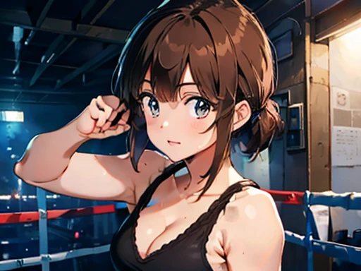 (1girl), (​masterpiece), (top-quality), sunset, natural lights, ,(realistic:1.5), Stunningly beautiful (boxing girl) , (aggressive punching) , sweat, heavy breathing, (oppressive attack) , (boxing ring) , athletic shorts, perfect detail, perfect fingers, perfect limbs, impact, (shiny skin) , abs, muscles, waistline,boxing shorts, fist fight, (bright shot:1.1),masterpiece that captures the essence and beauty of the woman, ((cleavage)), cleavage, sexy, sensual,l, determined expression, sexy pose, athletic, looking at viewer, eye contact, indoor, detailed boxing ring in background, neon lights, dynamic pose, action pose,alluring, seductive_pose, neon lights, cleavage, athletic body, medium breasts, upper body, mid shot, masterpiece, detailed, mature, bright colors, high saturation, stunningly beautiful girl, precise hands, determined expression, serious, courageous, brave,, ultra-definition, Top resolution,  soft lightning