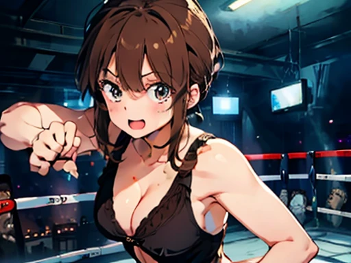 (1girl), (masterpiece), (top-quality), sunset, natural lights, ,(realistic:1.5), Stunningly beautiful (boxing girl) , (aggressive punching) , sweat, heavy breathing, (oppressive attack) , (boxing ring) , athletic shorts, perfect detail, perfect fingers, perfect limbs, impact, (shiny skin) , abs, muscles, waistline,boxing shorts, fist fight, (bright shot:1.1),masterpiece that captures the essence and beauty of the woman, ((cleavage)), cleavage, sexy, sensual,l, determined expression, sexy pose, athletic, looking at viewer, eye contact, indoor, detailed boxing ring in background, neon lights, dynamic pose, action pose,alluring, seductive_pose, neon lights, cleavage, athletic body, medium breasts, upper body, mid shot, masterpiece, detailed, mature, bright colors, high saturation, stunningly beautiful girl, precise hands, determined expression, serious, courageous, brave,, ultra-definition, Top resolution, soft lightning