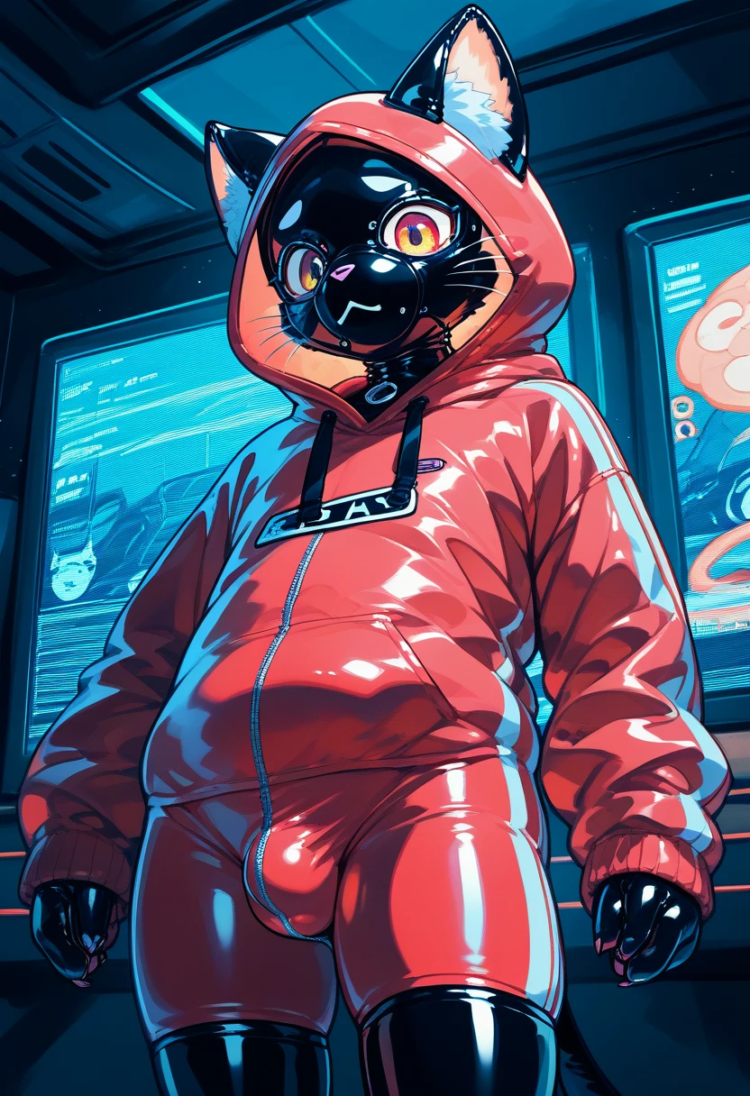 Highest quality, Highest quality, High quality illustrations, masterpiece, Ultra-high resolution, Detailed Background, Games Room, Absurd, Perfect Anatomy, performance, Good lighting, Shadows in the movies(kemono, Furry PersonifiCation), Cat, Dark Skin, Rubber suit, Rubber suit, latex, neon, neonライト, neonカラー, Rubber spats, Rubber Hoodie,  Rubber mask, Embarrassing, Null bulge, male, juvenile