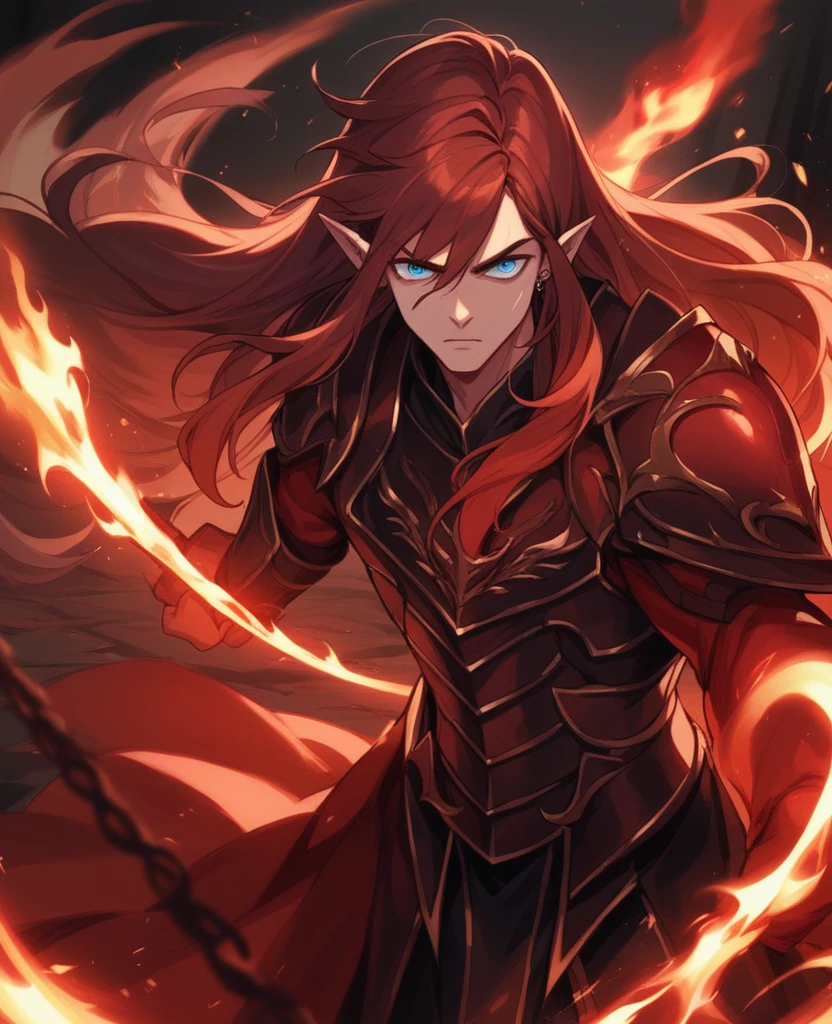 Male,5'4,pierced pointy ears,light skin,orange and blue eyes, white and red ombre long hair half up half down,red and white armour,fire and water whip ,dark magic,on a battlefield with darkness in his eyes as a dark magic aura surrounds him as his armour shatters with demonic side taking over