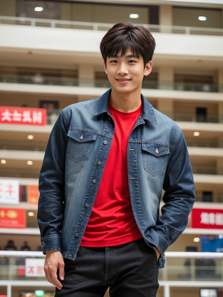 独奏: 1.5, (As a matter of fact, Masterpiece, 8k HD, good light quality, sportswear, fit the face, complicated details), A handsome Korean young man with muscular arms. , 20 years old, be happy, smile brightly, detailed face, delicate eyes, look at the sky, Wear a tight red t-shirt.:1.6 ,Wear a denim coat., jeans period, black eyes, Black hair color, ผมsmooth, smooth,Surreal,Awesome details,Highest quality,real,Open your mouth to talk. , Close your eyes., (standing in department store:1.5)