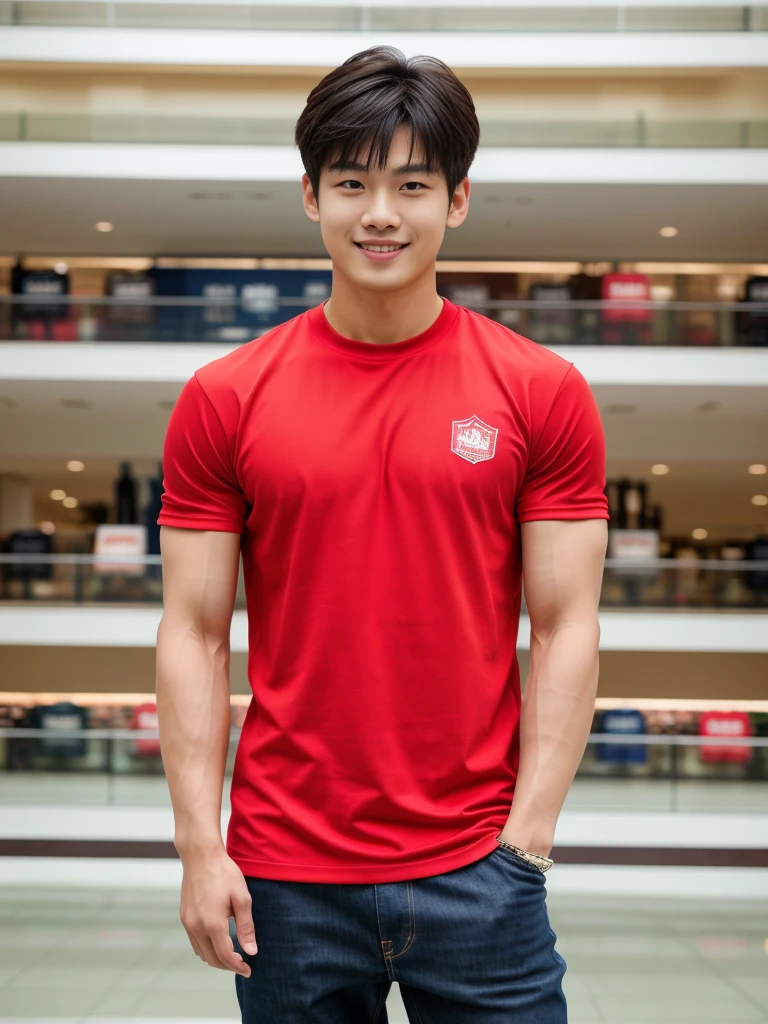 独奏: 1.5, (As a matter of fact, Masterpiece, 8k HD, good light quality, sportswear, fit the face, complicated details), A handsome Korean young man with muscular arms. , 20 years old, be happy, smile brightly, detailed face, delicate eyes, look at the sky, Wear a tight red t-shirt.:1.6 ,Wear a denim coat., jeans period, black eyes, Black hair color, ผมsmooth, smooth,Surreal,Awesome details,Highest quality,real,Open your mouth to talk. , Close your eyes., (standing in department store:1.5)