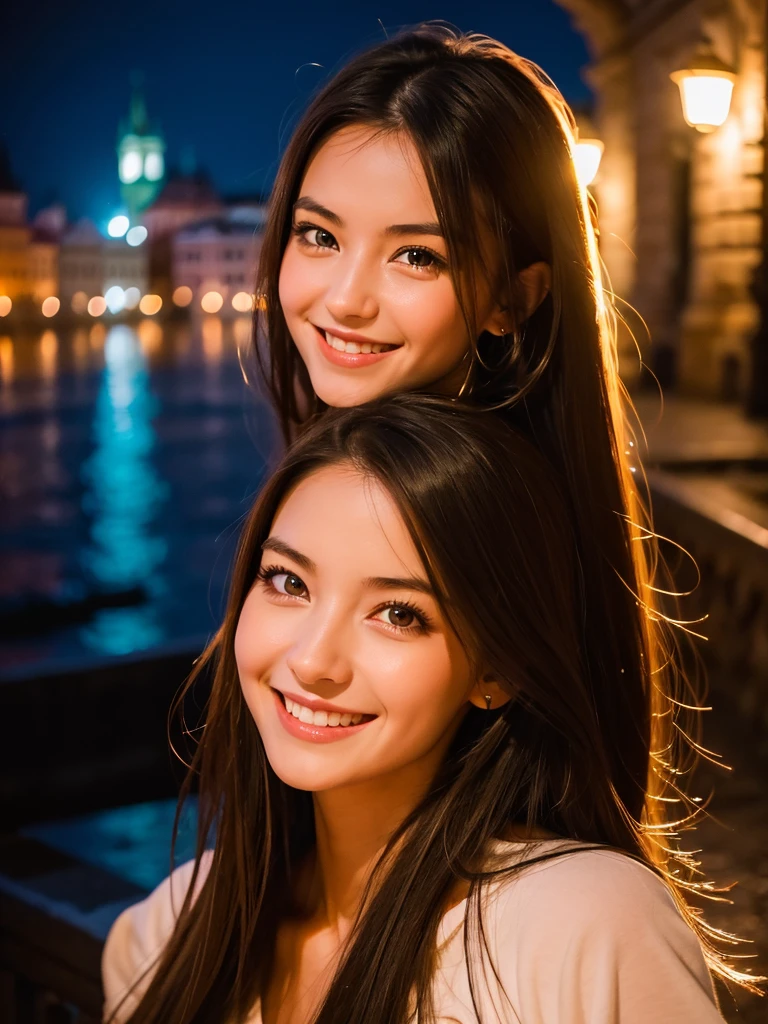 A light smile, night, RAW Photos, (((A portrait of extreme beauty))), (Glowing Skin)), 1 Girl, Beautiful girl in Prague, I&#39;m 11 years old, ((Natural light blonde hair)), [blue eyes], Shiny skin, Silky long straight hair, eyeliner, Long bangs, Hair between the eyes, Fluttering Hair, ((masterpiece, 最high quality, Super detailed, Film Light, Intricate details, High resolution, 8K, Very detailed)), Detailed Background, 8K UHD, Digital SLR, Soft Light, high quality, Film Grain, Fujifilm XT3, Shallow depth of field, Natural light, (No Hands), Upward glance, Sap eyes,