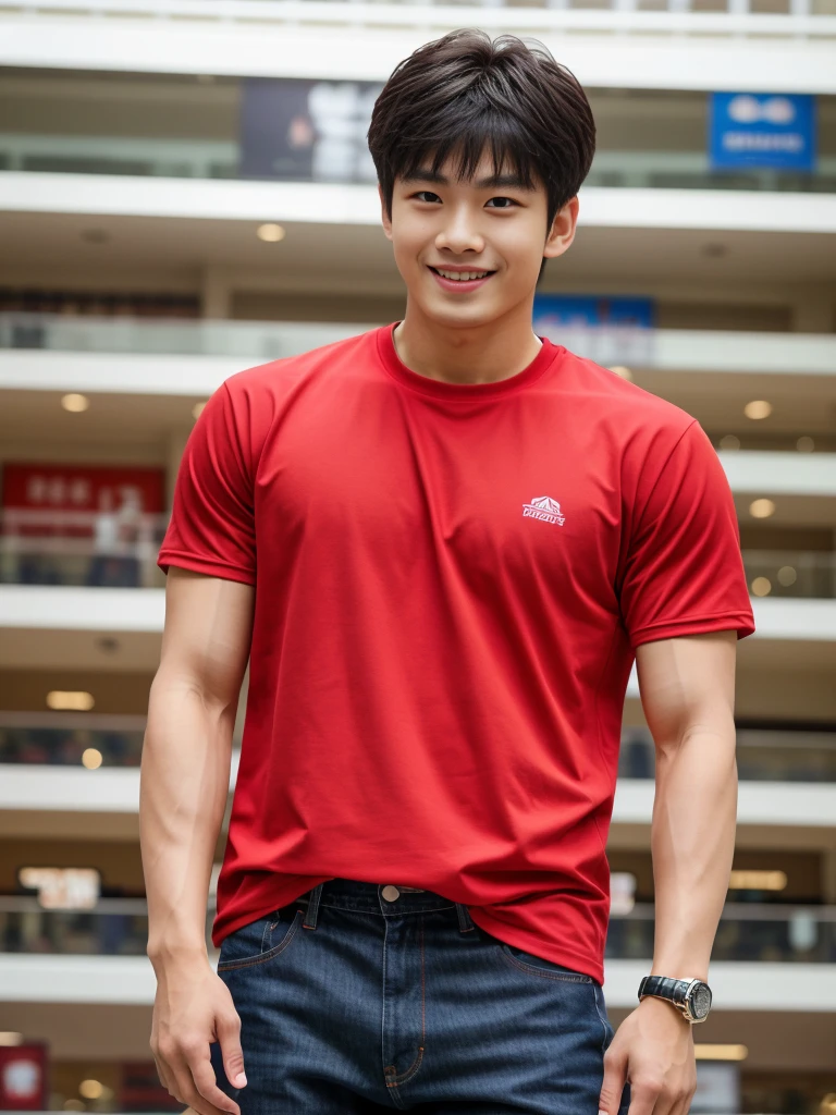 独奏: 1.5, (As a matter of fact, Masterpiece, 8k HD, good light quality, sportswear, fit the face, complicated details), A handsome Korean young man with muscular arms. , 20 years old, be happy, smile brightly, detailed face, delicate eyes, look at the sky, Wear a tight red t-shirt.:1.6 ,Wear a denim coat., jeans period, black eyes, Black hair color, ผมsmooth, smooth，Surreal，Awesome details，Highest quality，real，Open your mouth to talk. , Close your eyes., (standing in department store:1.5)