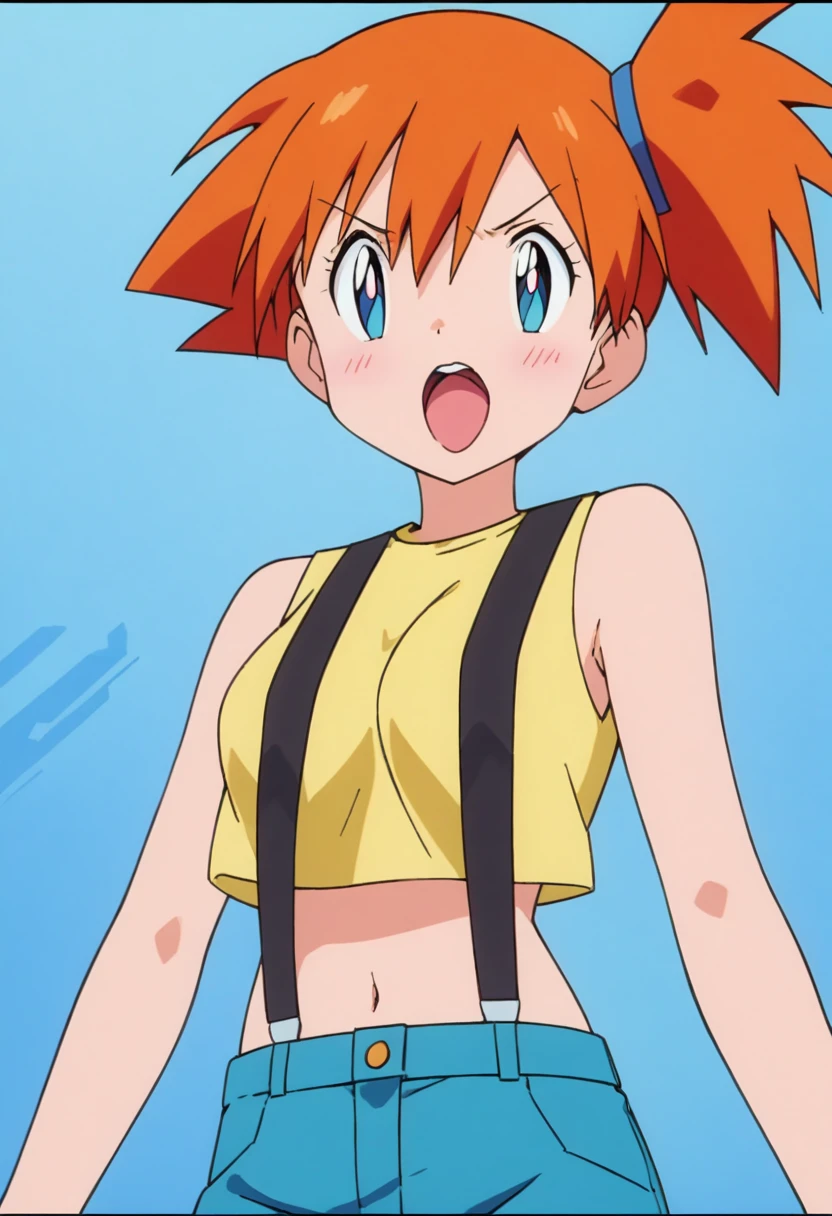 score_9, score_8_up, score_7_up, score_6_up, score_5_up, score_4_up, BREAK, source_anime, anime screencap, anime coloring, PokemonStyle, pokemon \(anime\), pokemon \(classic anime\), 1girl, solo, perfect anatomy, breasts, misty \(pokemon\), smile, looking at viewer, navel, (gym uniform, short sleeves, white shirt, shirt-in, under sized micro blue buruma, zettai ryouiki white thighhighs), sagging huge_breasts, tarechichi, erect nipples, thigh gap, indoor, double v, squatting, open legs, (unshaven hairy natural public hair:1.3)