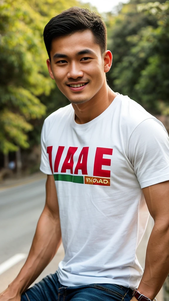 Thai man ,man，He is about 30 years old..，Rough and handsome appearance，large breastsj，Big waistline，buzz cut, angry, sullen, best quality, Masterpiece，（Have muscles：4.5），(best quality,high resolution,Masterpiece:1.2),The eyes are natural and delicate..,1 person,alone,gay asian,muscle,Long legs,brave,short hair details,conjunctivitis ,strong,brown eyes, (outdoor background road :1.5)，in the market，sit (red and white t-shirt:1.3),Jeans ,smile