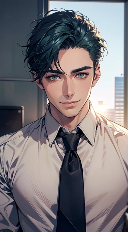 (Highest quality,4K,8K,High resolution,masterpiece:1.2),Super detailed,(Realistic,photoRealistic,photo-Realistic:1.37),1 person,34 years old,Mature Men,Beautiful skin、very handsome,Expressionless smile in love,Short blue hair,green eyes,Sharp Eyes,A perfect face without a doubt,Businessman, CEO, Office Background,Cinema Lighting,HDR image,tie、