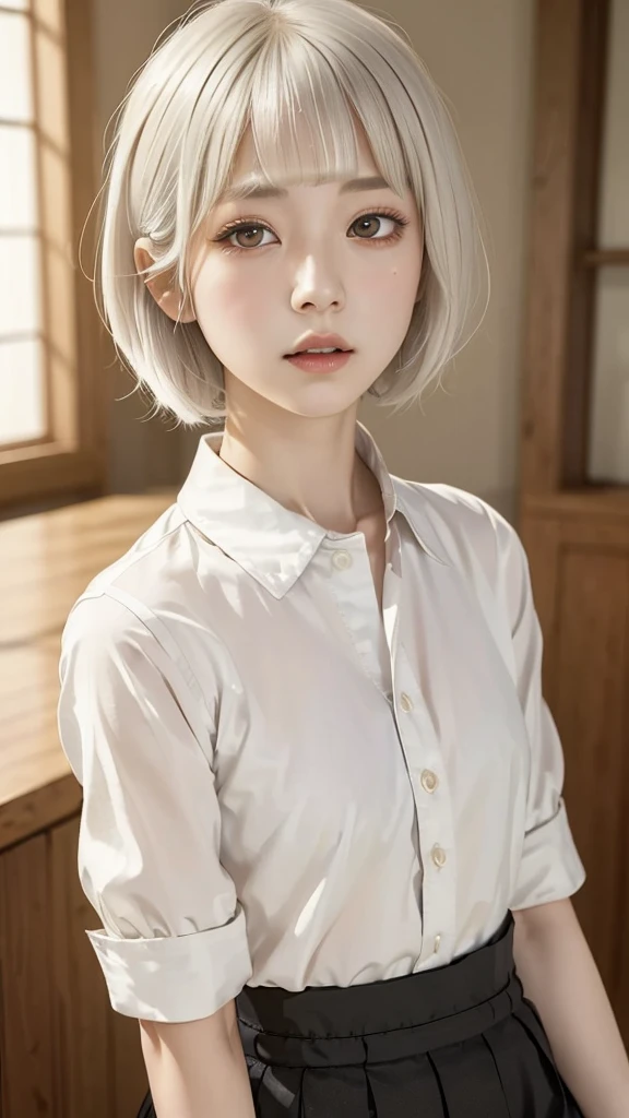 ((high quality)),Tabletop, RAW PHOTO, (Detailed depiction of the site:1.2),Japanese girl, one girl, (flair shirt:1.3),Enchanted Valley, Mouth closed,eyelash, look away, Portraiture, Upper Body, white hair, White Theme, (short hair:1.4), Expressionless,Emotionless, short bangs,