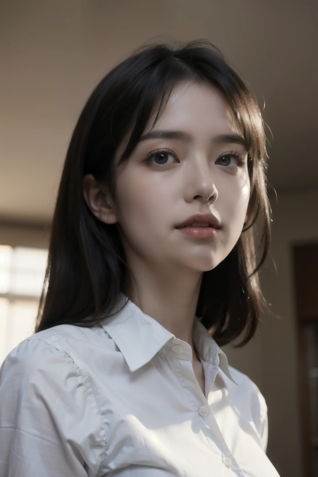 best quality, masterpiece, (realistic:1.4), 1 girl, light smile, collar shirt, upper body, dramatic lighting, from below