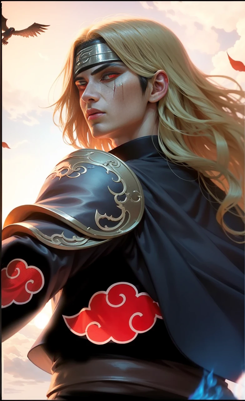 Itachi Uchiha, darkness envelops him, flaming Sharingan eyes, Akatsuki OUTFIT, a raven by his side, hidden powers awaken, black flames consuming everything, an 8k vision revealing all the dark details.