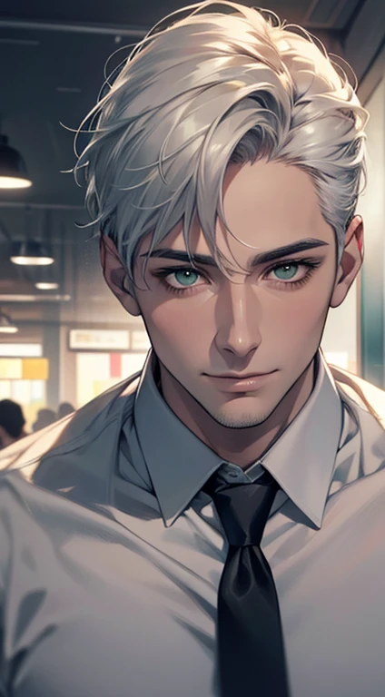 (Highest quality,4K,8K,High resolution,masterpiece:1.2),Super detailed,(Realistic,photoRealistic,photo-Realistic:1.37),1 person,34 years old,Mature Men,Beautiful skin、very handsome,Expressionless smile in love,Short white hair,green eyes,Sharp Eyes,A perfect face without a doubt,Businessman, CEO, Office Background,Cinema Lighting,HDR image,tie、
