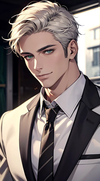 (Highest quality,4K,8K,High resolution,masterpiece:1.2),Super detailed,(Realistic,photoRealistic,photo-Realistic:1.37),1 person,34 years old,Mature Men,Beautiful skin、very handsome,Expressionless smile in love,Short white hair,green eyes,Sharp Eyes,A perfect face without a doubt,Businessman, CEO, Office Background,Cinema Lighting,HDR image,tie、