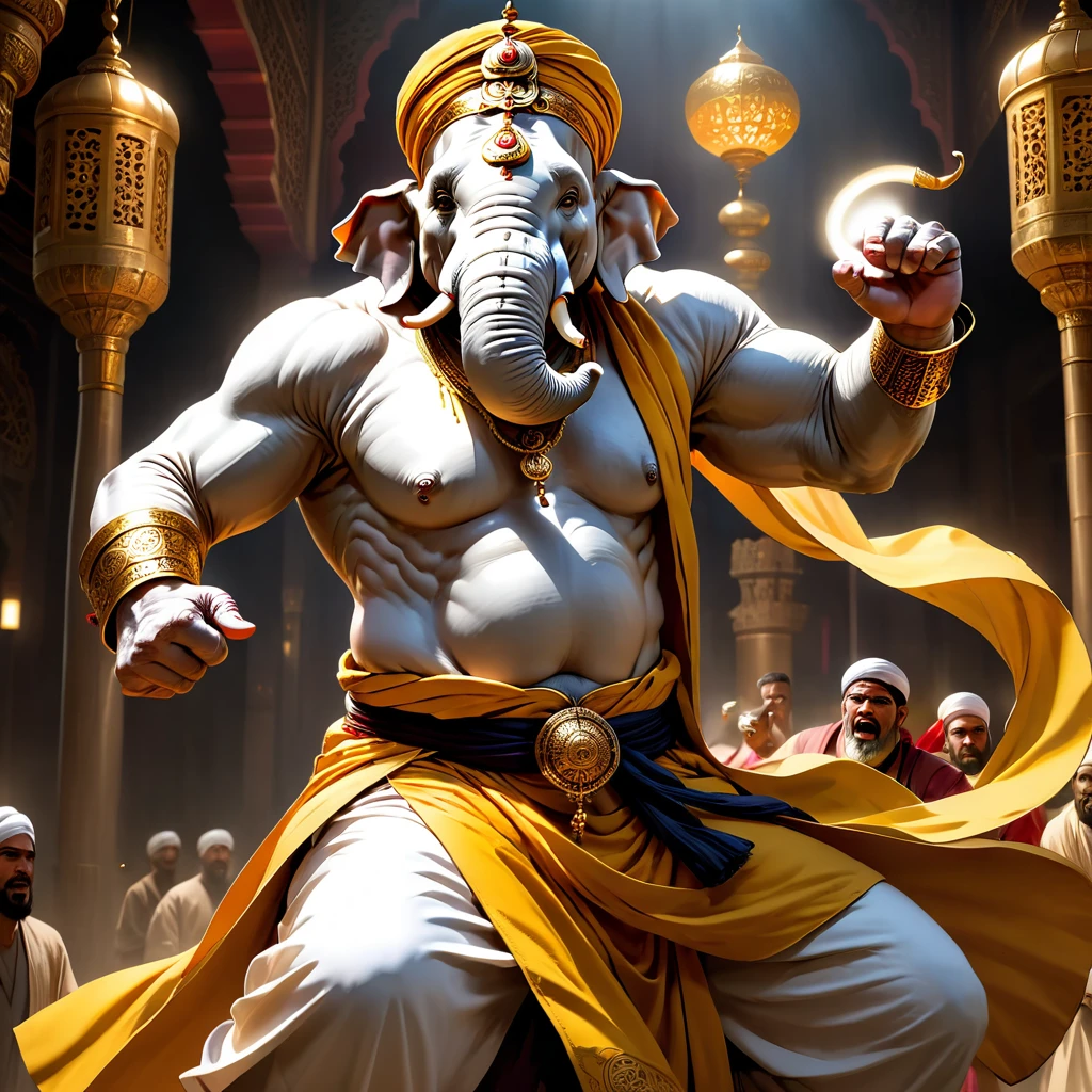 (1 white elephant-humanoid male:1.5), solo, wearing arabic priest cloathing, turban på hovedet, fullbody-image, attacking viewer with fists, detailed elephant cleric man, long beefy carved fangs, semi strong body, (smirk:1.1), (nose blush:1.1), (big yellow eyes:1.1), (hvid pels:1.1), beautiful detailed face, cinematic lighting, shot on canon 5d, Greg Rutkowski, Yoji Shinkawa:0.6,