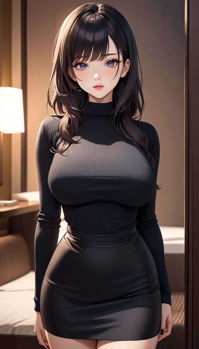 masterpiece, high resolution, beautiful woman, Korean Beauty, 30 years old, black sleeve less sweater, mini pencil skirt, beautiful woman, night hotel, standing and looking at me, high resolution face, (high resolution eyes), black hair, little curvy, big breast
