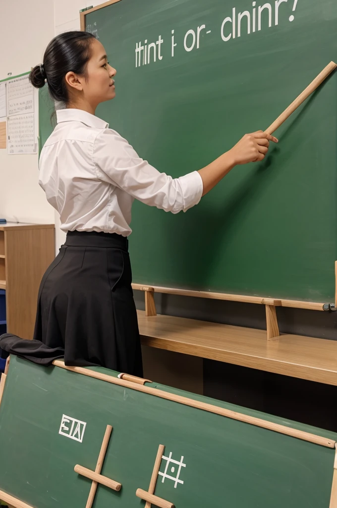 Lecturer teaching with a stick on a green board 