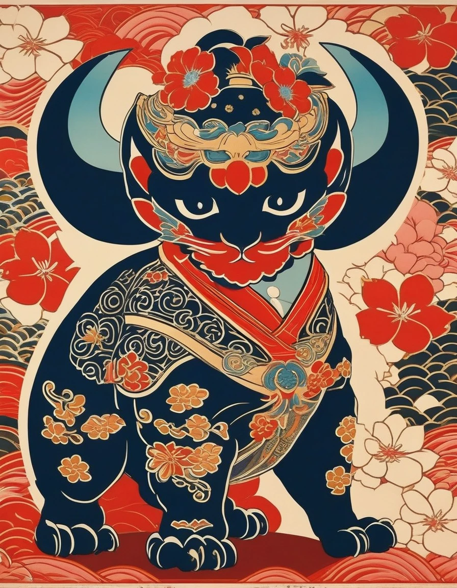 Japanese vintage poster print close up, A cute standing Pixiu