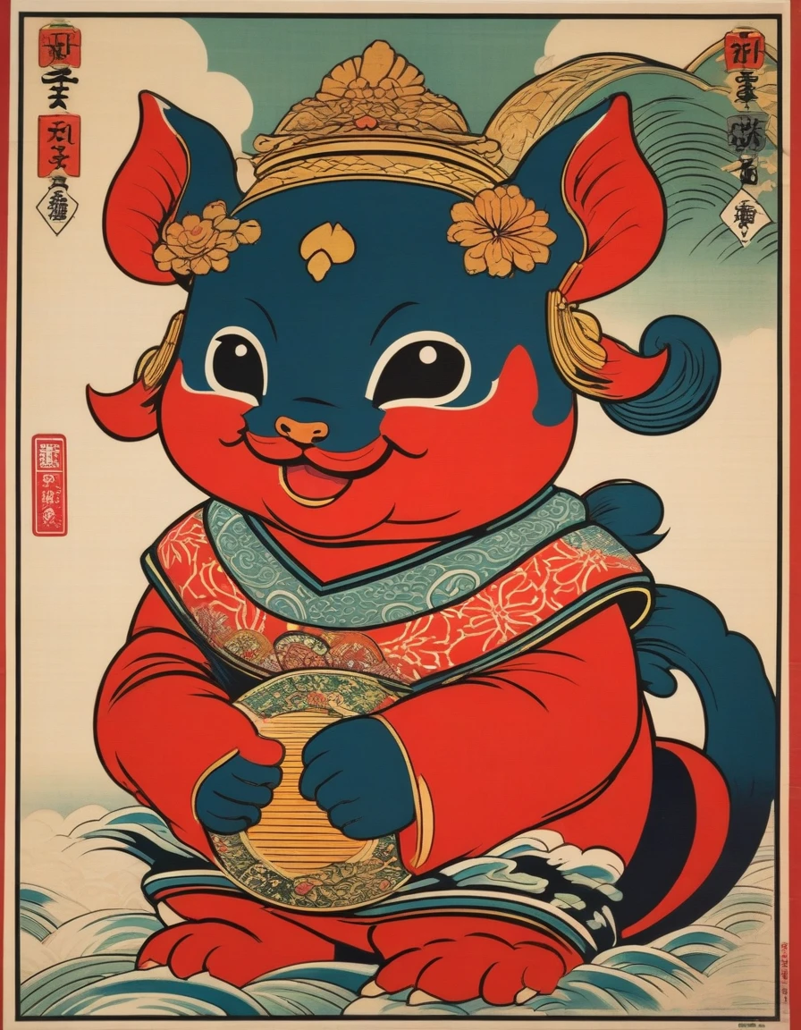 Japanese vintage poster print close up, A cute standing Pixiu