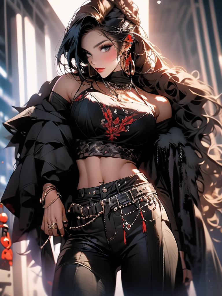 female, barbarian, braided black hair, tribal clothing, fur clothes, leather underwear, Demonic Right Arm