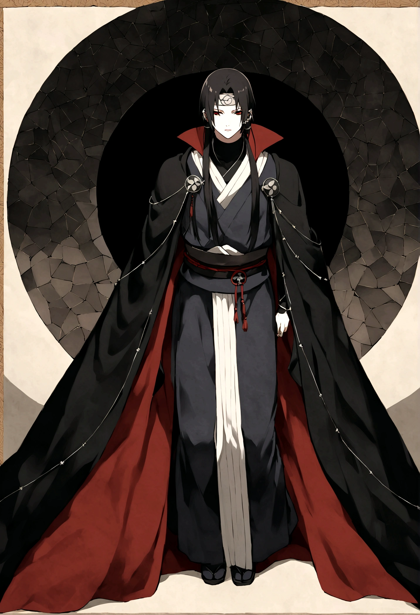 Enter the mysterious world of Uchiha Itachi, A mysterious and complex character. Wearing an iconic cape, Darkness seems to hang over him., It hints at the shadows of his past and the weight of his sacrifices.. His piercing gaze speaks of deep wisdom and sadness., It reflects the burden he carries as a ninja with a checkered past.. As a member of the renowned Uchiha clan, Itachi's presence exudes a blend of strength and restraint., The embodiment of family tradition and tragic history. His clothing features the distinctive Uchiha symbol, A reminder of his legacy and journey. In this depiction, Itachi appears as a terrifying and mysterious figure., He captivates the audience with his calm demeanor and puzzling expression.. His character is a tapestry of contradictions, A mix of dark and light, Strengths and Weaknesses, A fascinating and multifaceted figure in the ninja world.. Immerse yourself in the mystery of Uchiha Itachi, Shadow and light dance on his face, Revealing just a small part of the complex tapestry that is his story. Explore the depths of his character and the legacy he left behind, In the ever-evolving world of ninjutsu and ninjutsu combat、Walking the fine line between darkness and salvation. Leaf Village symbol headband, The bottom of the band is metal.、It has black leather.