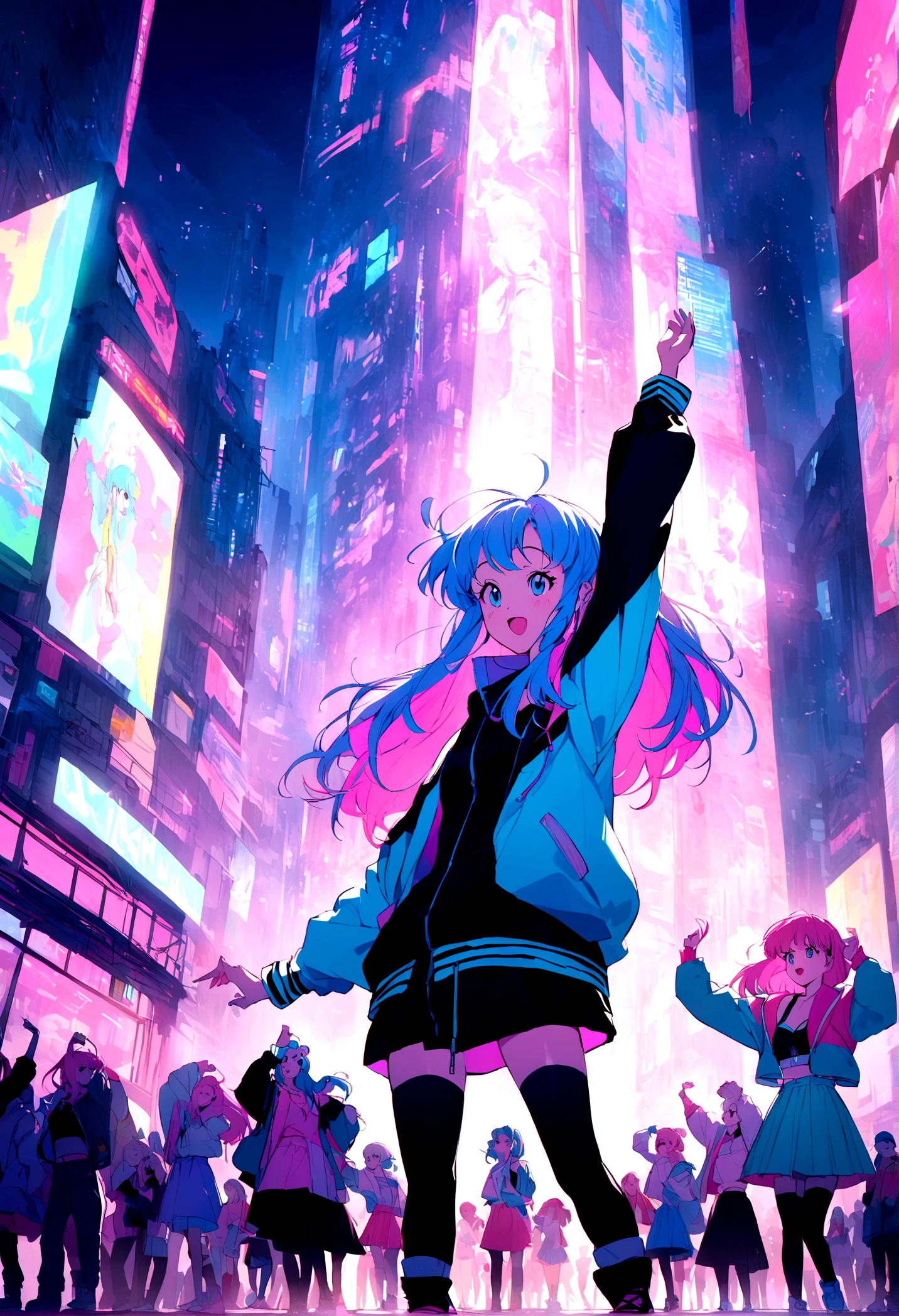 Pink and blue hair girl, soda, Inspired by 90s anime, Cyberpunk City, praise, colorful, listen to music, Pink Hair, Blue Hair、Dance