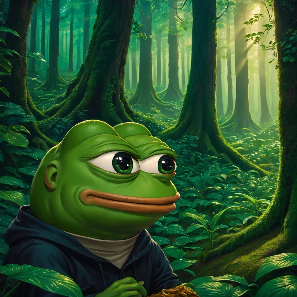 A father and son Pepe the frog, highly detailed, 3d render, digital illustration, vibrant colors, dynamic lighting, photorealistic, intricate details, lush green forest background, cute and whimsical, warm color palette, masterful rendering, epic scale, striking composition