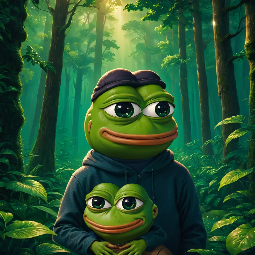 A father and son Pepe the frog, highly detailed, 3d render, digital illustration, vibrant colors, dynamic lighting, photorealistic, intricate details, lush green forest background, cute and whimsical, warm color palette, masterful rendering, epic scale, striking composition