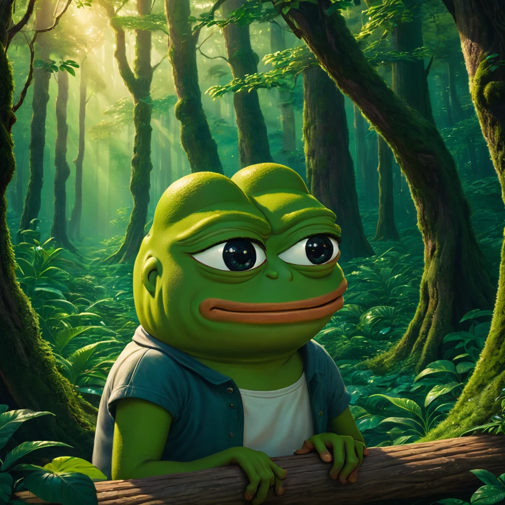 A father and son Pepe the frog, highly detailed, 3d render, digital illustration, vibrant colors, dynamic lighting, photorealistic, intricate details, lush green forest background, cute and whimsical, warm color palette, masterful rendering, epic scale, striking composition