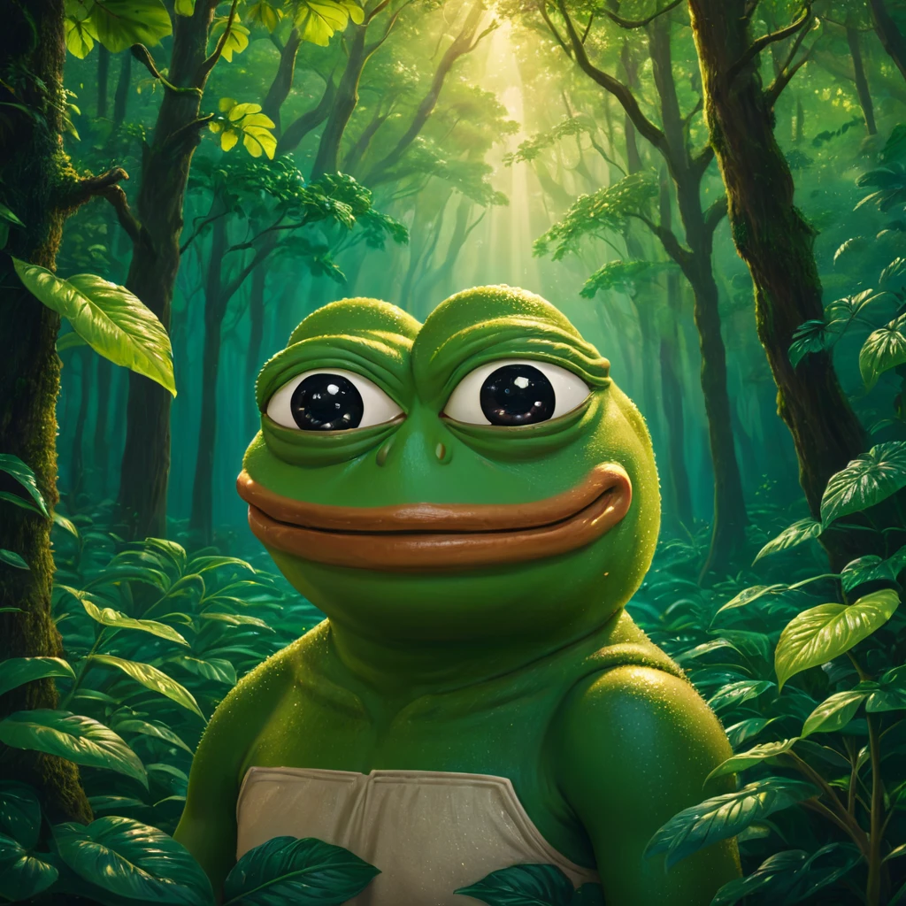 A father and son Pepe the frog, highly detailed, 3d render, digital illustration, vibrant colors, dynamic lighting, photorealistic, intricate details, lush green forest background, cute and whimsical, warm color palette, masterful rendering, epic scale, striking composition