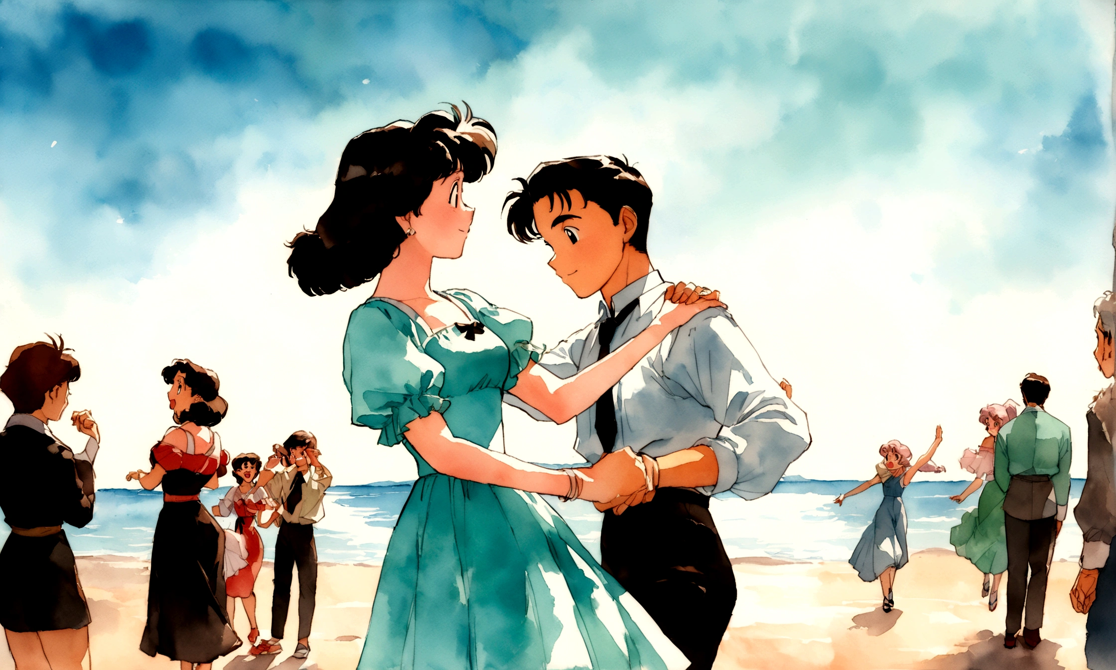 [Vintage Men&#39;s and Women&#39;s], Ancient Anime, 1980s \(style\), 1990s \(style\), watercolor \(middle\), , ((Highest quality)), ((masterpiece)), [Detailed], [Anime and manga images], [Women have small breasts], blue sky、refreshing、Couple dancing on the beach１Group