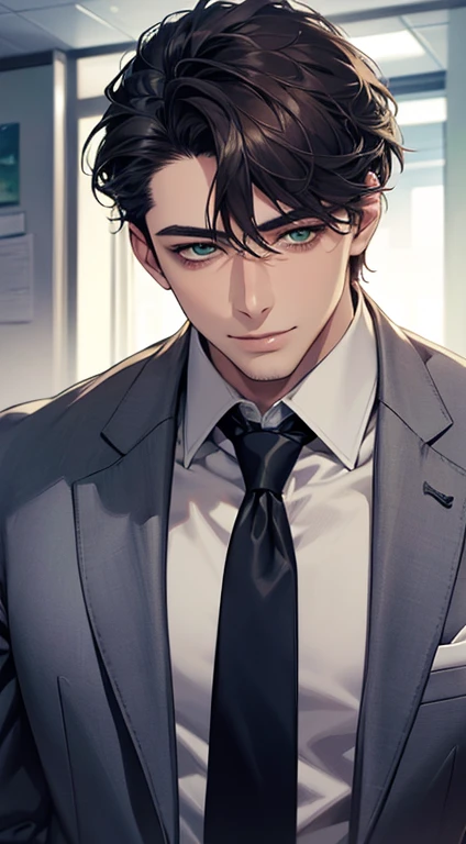 (Highest quality,4K,8K,High resolution,masterpiece:1.2),Super detailed,(Realistic,photoRealistic,photo-Realistic:1.37),1 person,34 years old,Mature Men,Beautiful skin、very handsome,Expressionless smile in love,Short dark blue hair,green eyes,Sharp Eyes,A perfect face without a doubt,Businessman,Office Background,Cinema Lighting,HDR image,tie、
