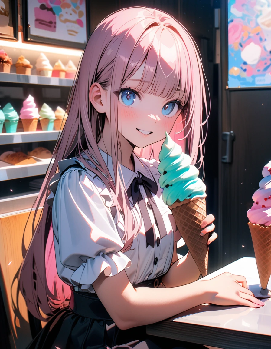 (8K, best quality, master piece: 1.2),super high resolution,1 girl,solo,,ultra-detailed face,detailed eyes,blue eyes,blunt bangs,pink hair,Straight hair,Long hair,white short sleeve petal collar blouse,black tiered skirt,smile,parted lips,rim light,(holding a colorful soft serve ice cream),Looking at viewer,sitting on chair,indoors soft serve ice cream shop