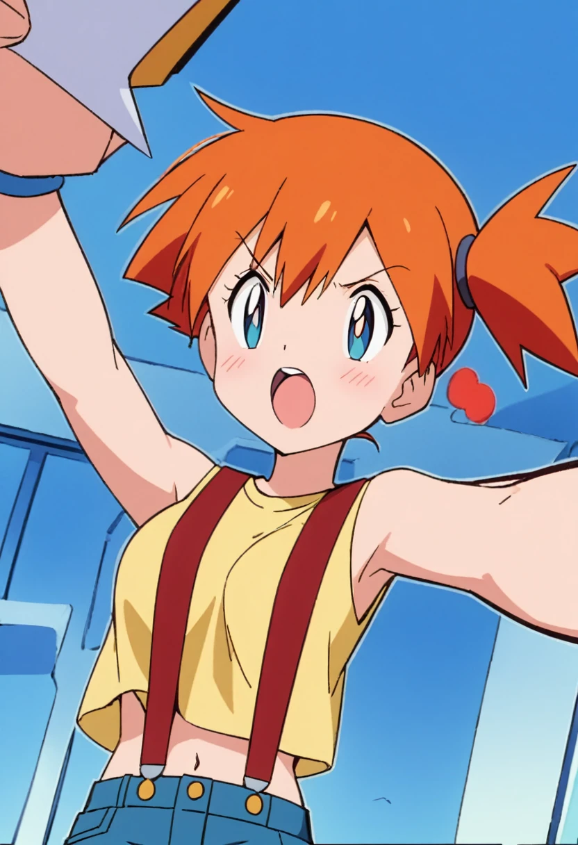 score_9, score_8_up, score_7_up, score_6_up, score_5_up, zPDXL2, max detail, 4k wallpaper, masterpiece, best quality, absurdres, highres, dynamic angle, dynamic pose, source_anime, PokemonStyle, pokemon \(anime\), pokemon \(classic anime\), flat color,
1girl, solo, misty (pokemon), open mouth, orange hair, blue eyes, upper body, suspenders, side ponytail, breasts, teeth, blush, outline, shirt, short hair, yellow shirt, navel,blue background, simple background, sleeveless, bangs, looking to the side, upper teeth only, bright pupils, bare shoulders, sleeveless shirt,, tongue,mediumshot,selfie