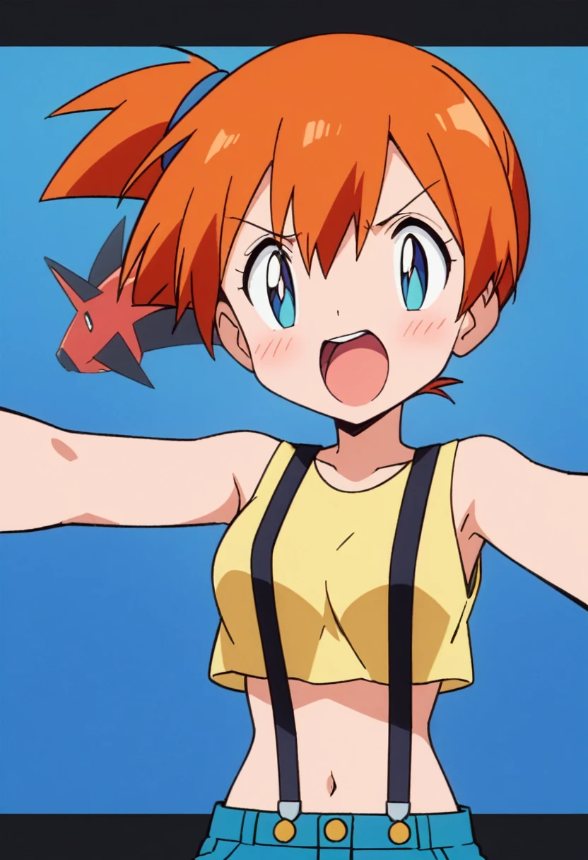 score_9, score_8_up, score_7_up, score_6_up, score_5_up, zPDXL2, max detail, 4k wallpaper, masterpiece, best quality, absurdres, highres, dynamic angle, dynamic pose, source_anime, PokemonStyle, pokemon \(anime\), pokemon \(classic anime\), flat color,
1girl, solo, misty (pokemon), open mouth, orange hair, blue eyes, upper body, suspenders, side ponytail, breasts, teeth, blush, outline, shirt, short hair, yellow shirt, navel,blue background, simple background, sleeveless, bangs, looking to the side, upper teeth only, bright pupils, bare shoulders, sleeveless shirt,, tongue,mediumshot,selfie