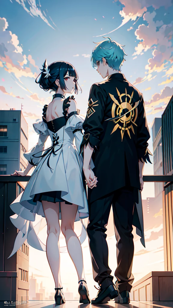 anime couple standing on balcony looking at the sky, a picture by Shinoda Toko, trending on pixiv, neo-romanticism, anime land of the lustrous, tokyo ghoul, anime key visual concept art of, anime key art, official anime artwork, light novel cover art, anime cover, anime key visual concept, atmospheric anime, detailed key anime art