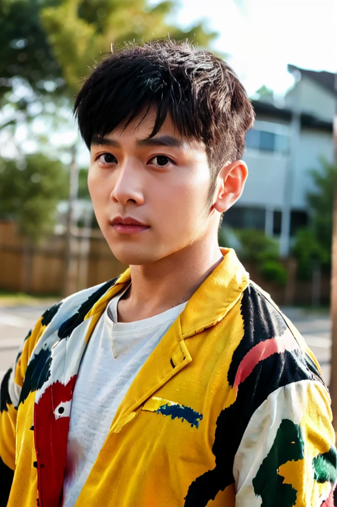 A young Asian man with large muscles looks at the camera. In a yellow, red and white button-up shirt. , measure , Normal sunlight