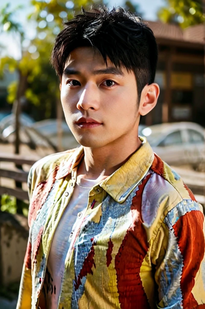 A young Asian man with large muscles looks at the camera. In a yellow, red and white button-up shirt. , measure , Normal sunlight