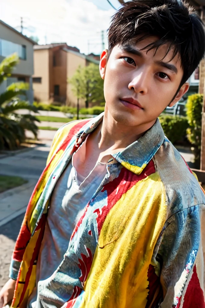 A young Asian man with large muscles looks at the camera. In a yellow, red and white button-up shirt. , measure , Normal sunlight