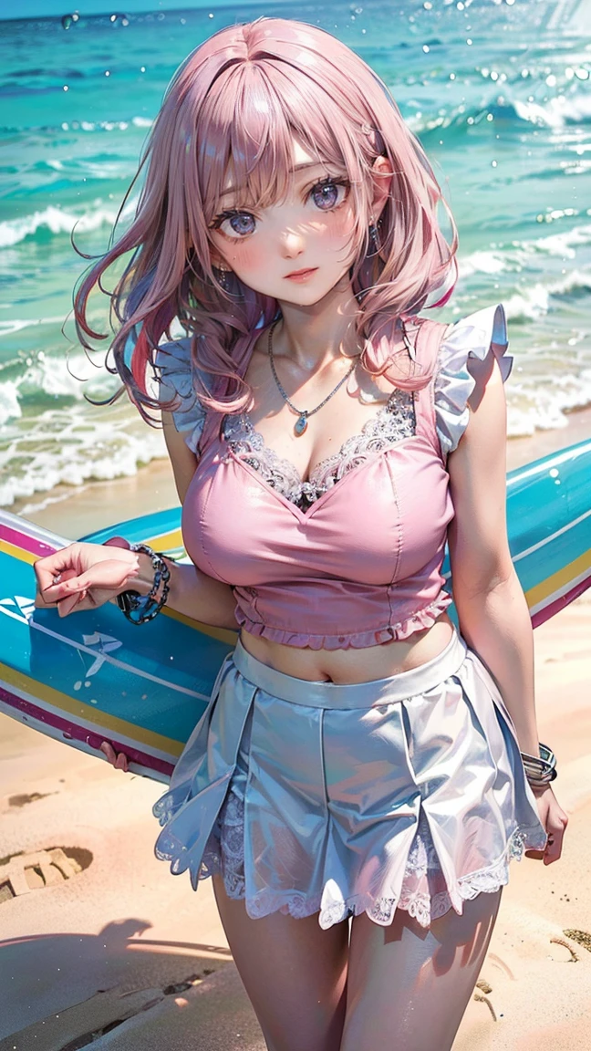 (Masterpiece, BestQuality:1.3), (ultra detailed:1.2), (hyperrealistic:1.3), (RAW photo:1.2), High detail RAW color photo, professional photograph, (Photorealistic:1.4), (realistic:1.4), (Pink Hair:1.5), professional lighting, perfect anatomy, (Big Breasts:1.2), (blush, detailed face), (cheerful Smile:1.5), Trending Hair&Trending Hairカラーをランダムに, earrings, necklace, bracelet, sexly, erotic sexly, Random sexy gravure poses, (A cheerful beauty wearing a pastel blue lace top and a white frill skirt、Smiling with a surfboard on the beach、Silver Anklet、Leaning on a surfboard。:1.3)