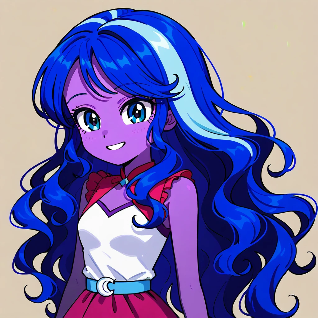 very dark purple skin, voluminous slightly wavy hair, blue hair, Blue eyes, Equestria girls, without bangs, smile. Sleeveless burgundy dress.