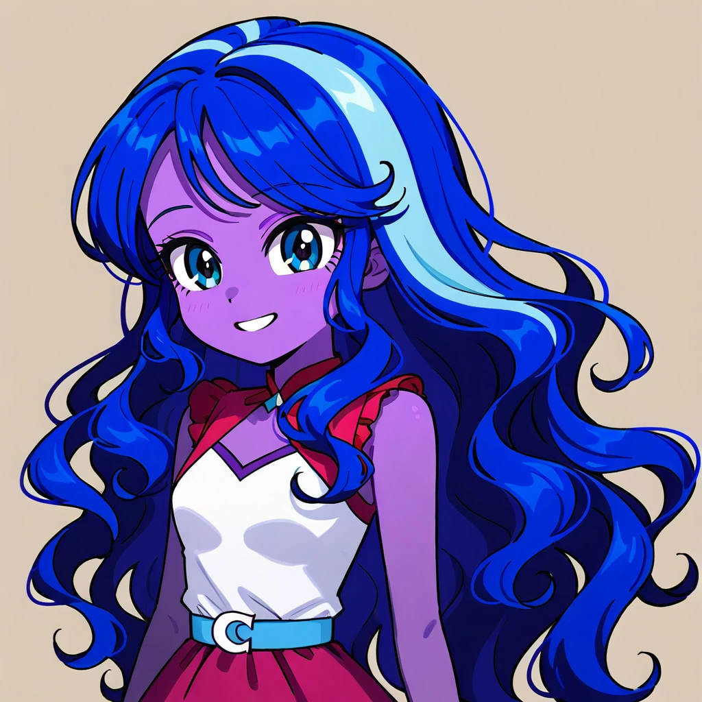 very dark purple skin, voluminous slightly wavy hair, blue hair, Blue eyes, Equestria girls, without bangs, smile. Sleeveless burgundy dress.
